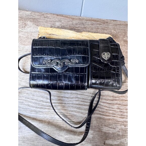 Brighton Black Croc Embossed Leather Organizer Crossbody Wallet Purse Heart Hard - Picture 1 of 10